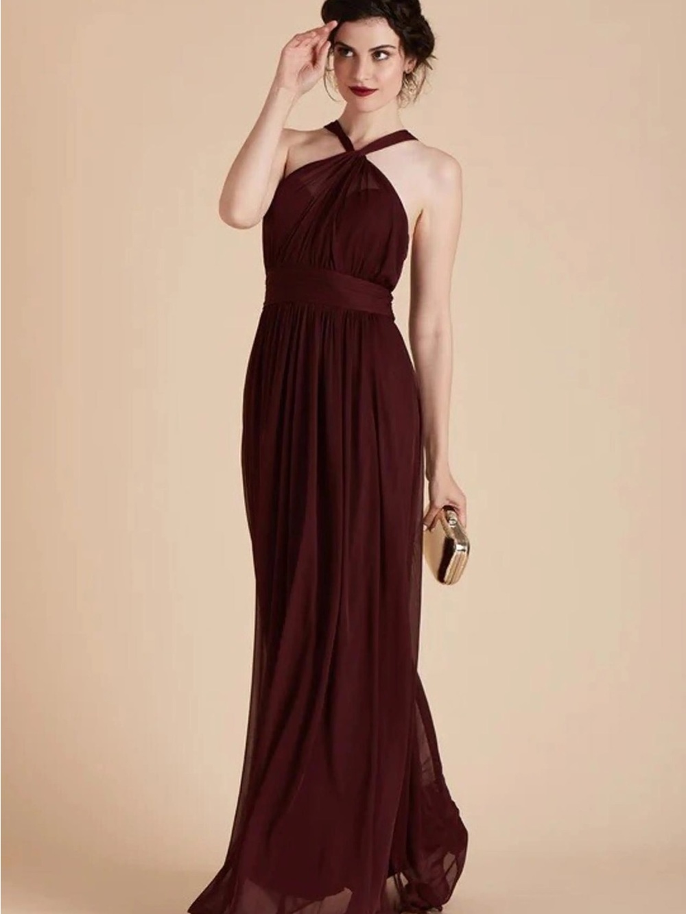 Birdy Grey Kiko Pleated Mesh Halter Maxi Dress in Cabernet Wine color Sz Large